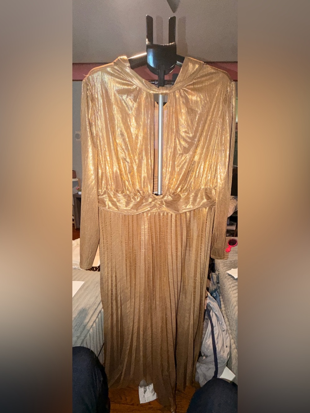 SHEIN Metallic Gold Long Sleeve Pleated Maxi Dress